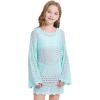 imageWULFUL Girls Crochet Long Sleeve Swimwear Cover Up Summer Beach Dress SwimsuitGreen