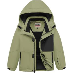 imageWULFUL Boys Waterproof Ski Jacket Kids Winter Snow Coat OutdoorArrny Green