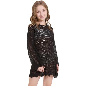 imageWULFUL Girls Crochet Long Sleeve Swimwear Cover Up Summer Beach Dress SwimsuitBlack