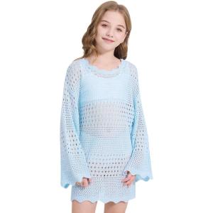 imageWULFUL Girls Crochet Long Sleeve Swimwear Cover Up Summer Beach Dress SwimsuitBlue