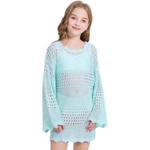 imageWULFUL Girls Crochet Long Sleeve Swimwear Cover Up Summer Beach Dress SwimsuitGreen