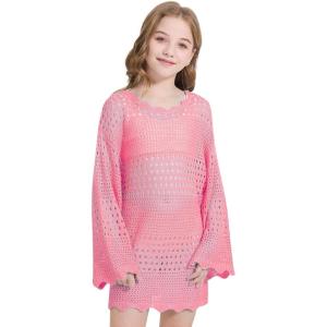 imageWULFUL Girls Crochet Long Sleeve Swimwear Cover Up Summer Beach Dress SwimsuitHot Pink