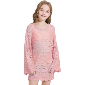 imageWULFUL Girls Crochet Long Sleeve Swimwear Cover Up Summer Beach Dress SwimsuitPink