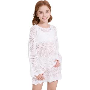 imageWULFUL Girls Crochet Long Sleeve Swimwear Cover Up Summer Beach Dress SwimsuitWhite