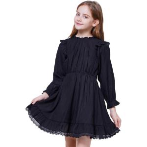 imageWULFUL Girls Long Sleeve Dress Flared Belted Fall Casual Party Dress Aline Swing 514 YearsBlack