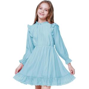 imageWULFUL Girls Long Sleeve Dress Flared Belted Fall Casual Party Dress Aline Swing 514 YearsBlue