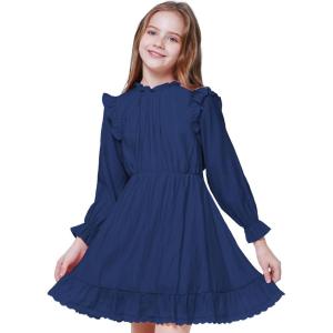 imageWULFUL Girls Long Sleeve Dress Flared Belted Fall Casual Party Dress Aline Swing 514 YearsNavy
