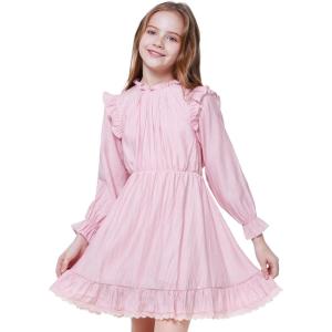 imageWULFUL Girls Long Sleeve Dress Flared Belted Fall Casual Party Dress Aline Swing 514 YearsPink