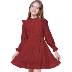 imageWULFUL Girls Long Sleeve Dress Flared Belted Fall Casual Party Dress Aline Swing 514 YearsRed