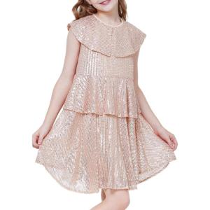 imageWULFUL Girls Sequin Dress Sparkly Party Aline Flutter Neckline DualLayer Holiday Prom Formal Dresses 512YChampagne
