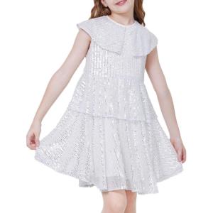 imageWULFUL Girls Sequin Dress Sparkly Party Aline Flutter Neckline DualLayer Holiday Prom Formal Dresses 512YSilver
