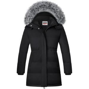 imageWULFUL Girls Winter Long Coats Hooded Parka Kids Warm Puffer JacketBlack