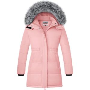 imageWULFUL Girls Winter Long Coats Hooded Parka Kids Warm Puffer JacketPink