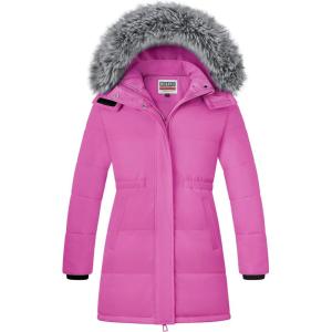 imageWULFUL Girls Winter Long Coats Hooded Parka Kids Warm Puffer JacketRose Red