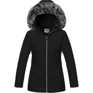 imageWULFUL Girls Winter Parka Coat Long Hooded Waterproof Warm Fleece Puffer JacketBlack
