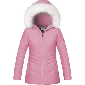 imageWULFUL Girls Winter Parka Coat Long Hooded Waterproof Warm Fleece Puffer JacketCoral