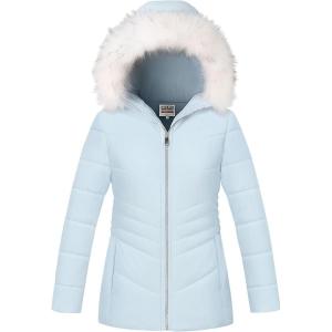 imageWULFUL Girls Winter Parka Coat Long Hooded Waterproof Warm Fleece Puffer JacketLight Blue
