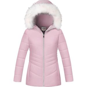 imageWULFUL Girls Winter Parka Coat Long Hooded Waterproof Warm Fleece Puffer JacketPink