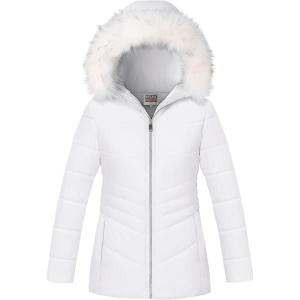imageWULFUL Girls Winter Parka Coat Long Hooded Waterproof Warm Fleece Puffer JacketWhite