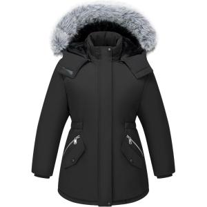 imageWULFUL Girls Winter Parka Coat Long Waterproof Warm Fleece Puffer JacketBlack