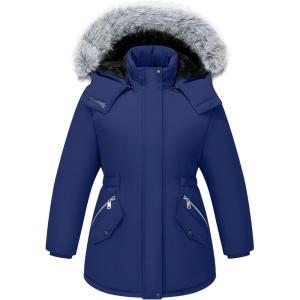 imageWULFUL Girls Winter Parka Coat Long Waterproof Warm Fleece Puffer JacketNavy