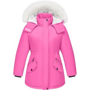 imageWULFUL Girls Winter Parka Coat Long Waterproof Warm Fleece Puffer JacketRose Red
