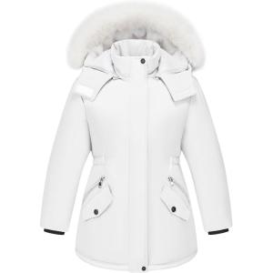 imageWULFUL Girls Winter Parka Coat Long Waterproof Warm Fleece Puffer JacketWhite