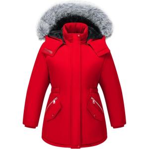 imageWULFUL Girls Winter Parka Coat Long Waterproof Warm Fleece Puffer JacketWine Red