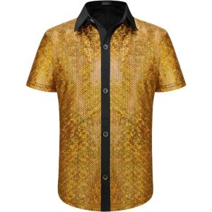 imageWULFUL Kids Boys Disco Shirt Sequins Button Down Shirts 70s Party CostumeGold