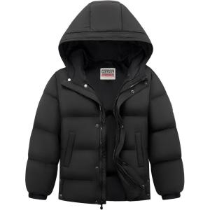 imageWULFUL Kids Boys Winter Coat Hooded Puffer Windbreaker Warm Cotton Jacket Parka Down Outdoor CoatsBlack
