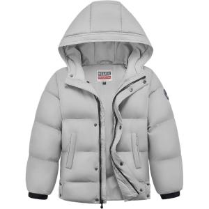 imageWULFUL Kids Boys Winter Coat Hooded Puffer Windbreaker Warm Cotton Jacket Parka Down Outdoor CoatsGrey