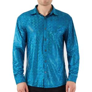 imageWULFUL Men Dress Shirt Sequins Long Sleeve Button Down Shirt Luxury Disco Party Nightclub Christmas Prom CostumeBlue 0175