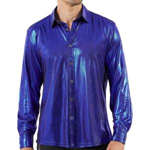 imageWULFUL Men Dress Shirt Sequins Long Sleeve Button Down Shirt Luxury Disco Party Nightclub Christmas Prom CostumeBlue0156