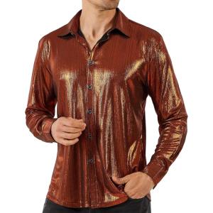 imageWULFUL Men Dress Shirt Sequins Long Sleeve Button Down Shirt Luxury Disco Party Nightclub Christmas Prom CostumeBrown0157