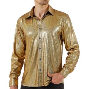 imageWULFUL Men Dress Shirt Sequins Long Sleeve Button Down Shirt Luxury Disco Party Nightclub Christmas Prom CostumeGold0155