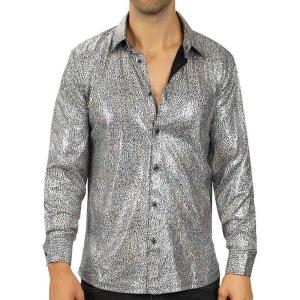 imageWULFUL Men Dress Shirt Sequins Long Sleeve Button Down Shirt Luxury Disco Party Nightclub Christmas Prom CostumeSilver033