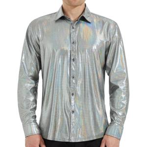 imageWULFUL Men Dress Shirt Sequins Long Sleeve Button Down Shirt Luxury Disco Party Nightclub Christmas Prom CostumeSilver035
