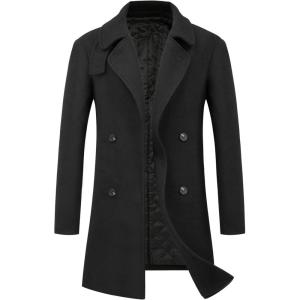 imageWULFUL Men Wool Trench Coat Slim Fit Winter CoatBlack0040