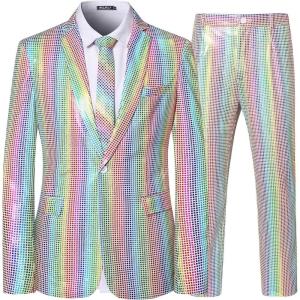 imageWULFUL Mens 2 Piece Disco Outfit 70s Costume Sequin Jacket and Pants Halloween Party Prom Suits with Tie