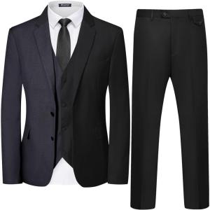 imageWULFUL Mens 3 Piece Slim Fit Suit Set Two Button Blazer Jacket Vest Pants Tuxedo Set for Party Wedding and Business Black Grey