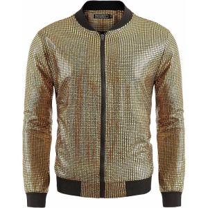 imageWULFUL Mens 70s Disco Costume Party Sequin Metallic Varsity Bomber JacketGold