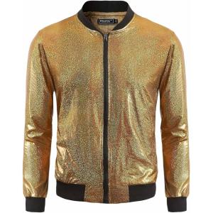 imageWULFUL Mens 70s Disco Costume Party Sequin Metallic Varsity Bomber JacketGold02