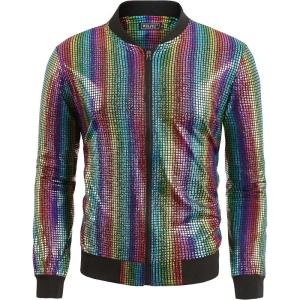 imageWULFUL Mens 70s Disco Costume Party Sequin Metallic Varsity Bomber JacketMulticolored