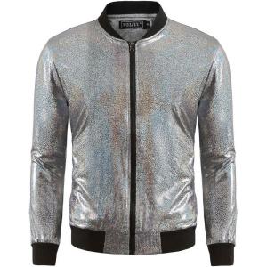 imageWULFUL Mens 70s Disco Costume Party Sequin Metallic Varsity Bomber JacketSilver