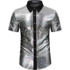 imageWULFUL Mens Disco Shirt Sequins Short Sleeve Button Down Shirts 70s Party Costume Dress ShirtsBlack053