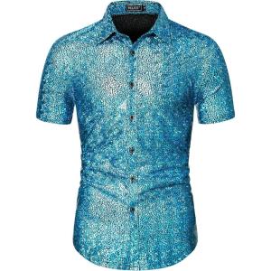 imageWULFUL Mens Disco Shirt Sequins Short Sleeve Button Down Shirts 70s Party Costume Dress ShirtsBlue0150