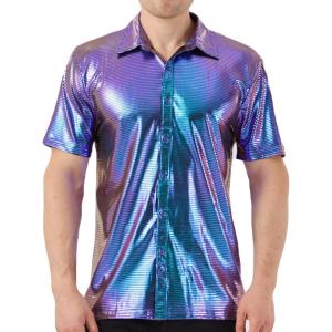 imageWULFUL Mens Disco Shirt Sequins Short Sleeve Button Down Shirts 70s Party Costume Dress ShirtsBlue0151