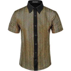 imageWULFUL Mens Disco Shirt Sequins Short Sleeve Button Down Shirts 70s Party Costume Dress ShirtsGold