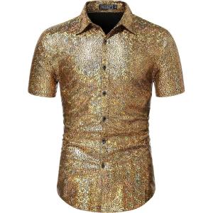 imageWULFUL Mens Disco Shirt Sequins Short Sleeve Button Down Shirts 70s Party Costume Dress ShirtsGold0150