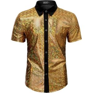 imageWULFUL Mens Disco Shirt Sequins Short Sleeve Button Down Shirts 70s Party Costume Dress ShirtsGold053